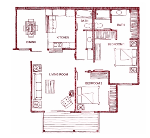 Floor plan for 2 beds, 2 baths, 1060 sqft